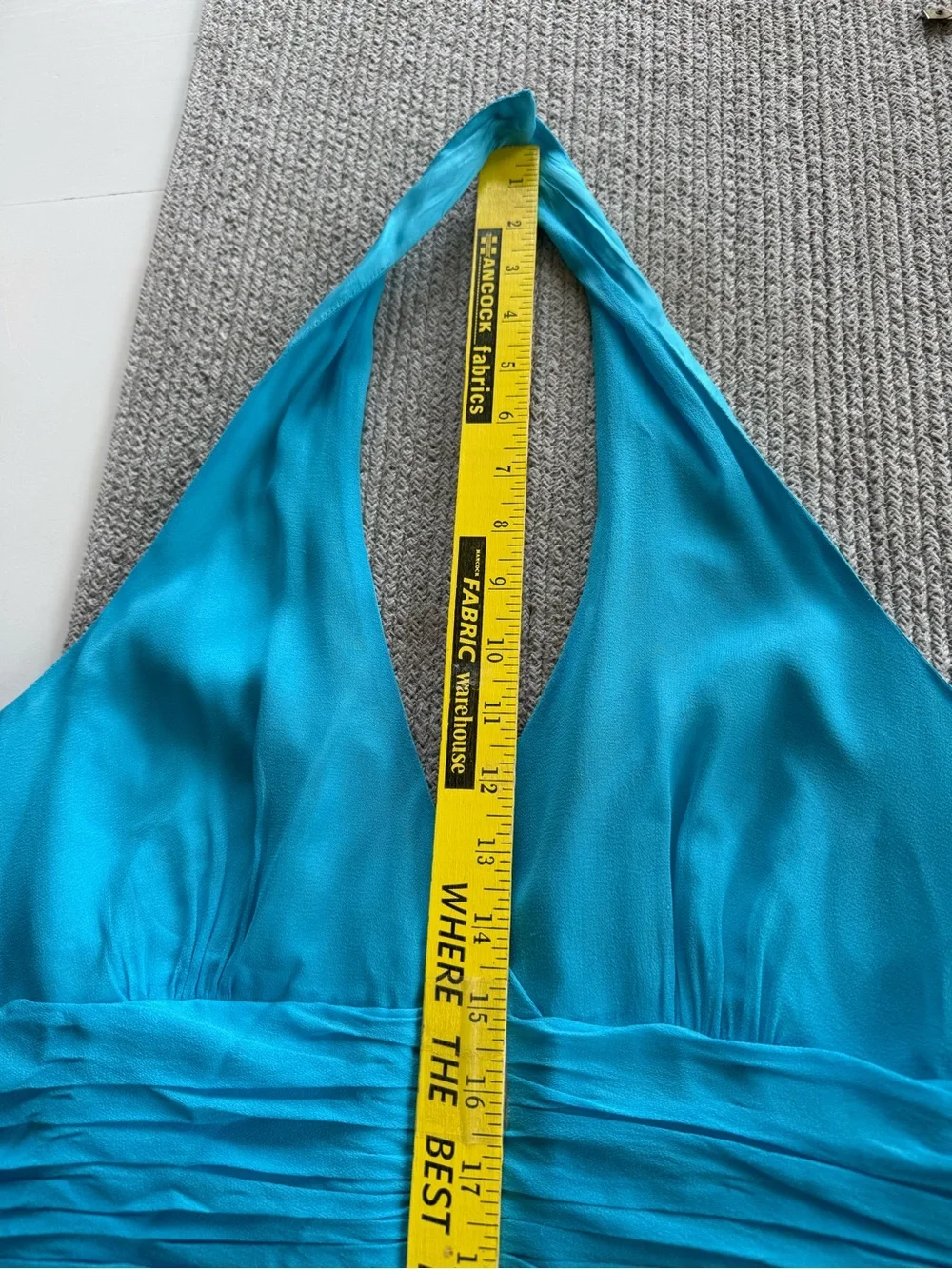 Maggy London Turquoise Silk Halter V-Neck Midi Dress Sz 14